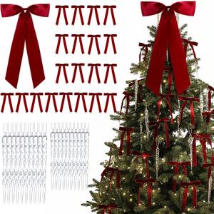 Shihanee 41 Pcs Burgundy Christmas Crystal Ornaments Sets 20 Pcs Velvet Bows 1 Large Xmas Tree Topper Bows 20 Clear Acrylic Xmas Icicle Ornaments for Christmas Tree Fireplace Party Decoration
