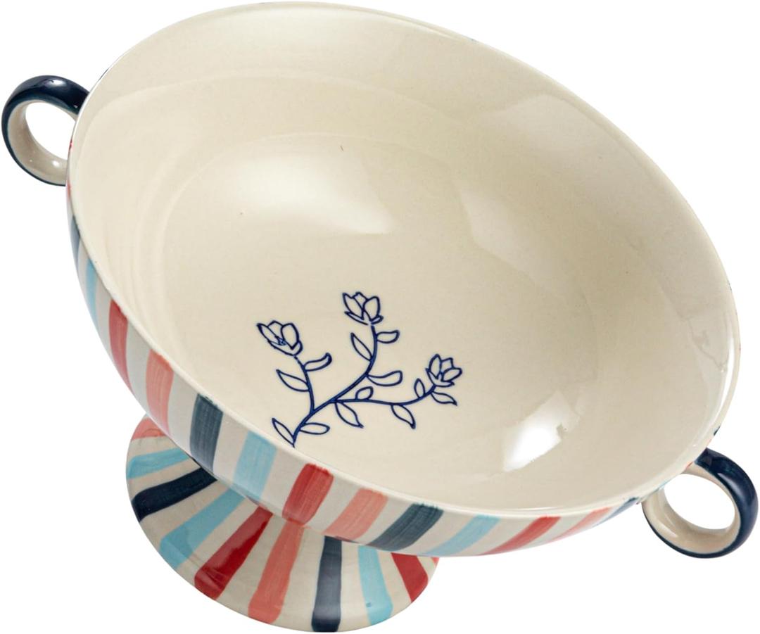 Creative Co-Op Hand-Painted Stoneware Footed Bowl with Handles and Stripes, Multicolor