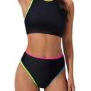 SUUKSESS Women High Waisted Bikini Sets High Neck Sporty Two Piece Swimsuits Color Block Racerback Crop Top Bathing Suit (Rainbow Black,L)