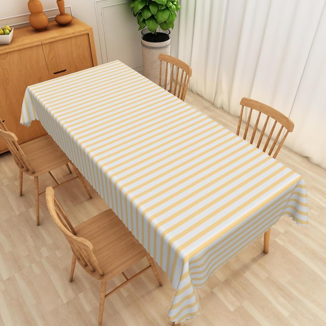 Yellow Stripe Tablecloth 70x120 Inch Sky Yellow and White Striped Fabric Table Cloth Polyester Waterproof Washable Rectangle Table Cover for Outdoor Indoor Kitchen Dining Room Decoration