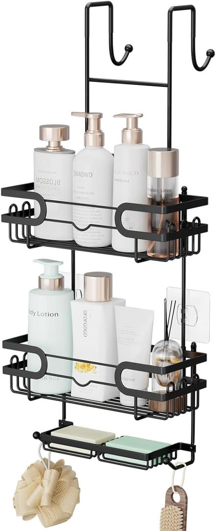 SWTYMIKI Over the Door Shower Caddy Hanging with Double Soap Holder, Hanging Shower Organizer with 16 Hooks, No Drilling Shower Shelves Over Door, Bathroom Rack and Storage, Black