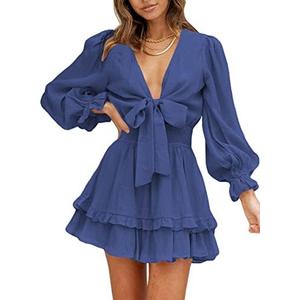 AlvaQ Womens Dresses Spring Summer Knot Front V Neck Ruffles Long Sleeve Floral Print Swing Mini Dress size XL