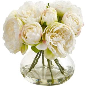 Nearly Natural Peony Artificial Arrangement in Vase (White)