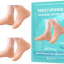 Reusable Silicone Socks for Dry Cracked Feet & Heels - Moisturizing Socks for Women and Men Fits Sizes US5-12 - Lotion Rubber Socks for Overnight Repair & Spa Treatment (Beige 2Pairs)