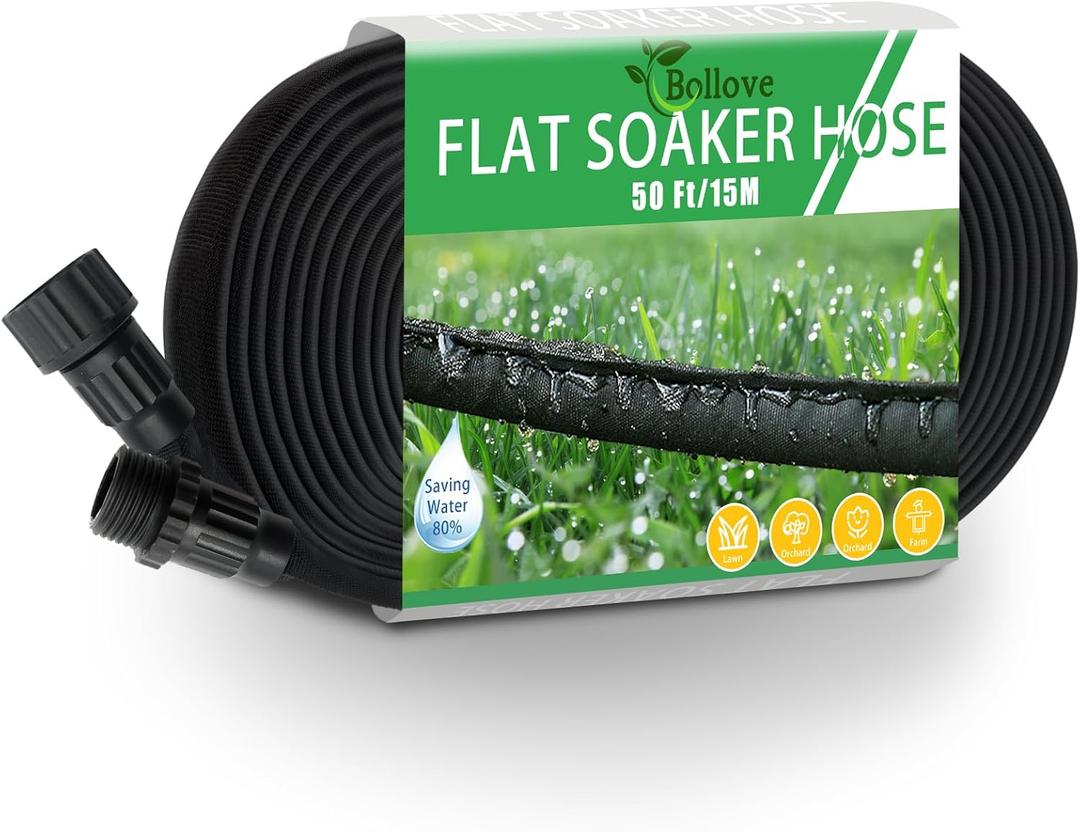 Soaker Hose 50FT, Heavy Duty Double Layer Design Flat Garden Soaker Hose, Saves 80% Water & Leak-free Design Water Hose with Holes For Garden, Lawn, Flower Bed, Vegetable Field