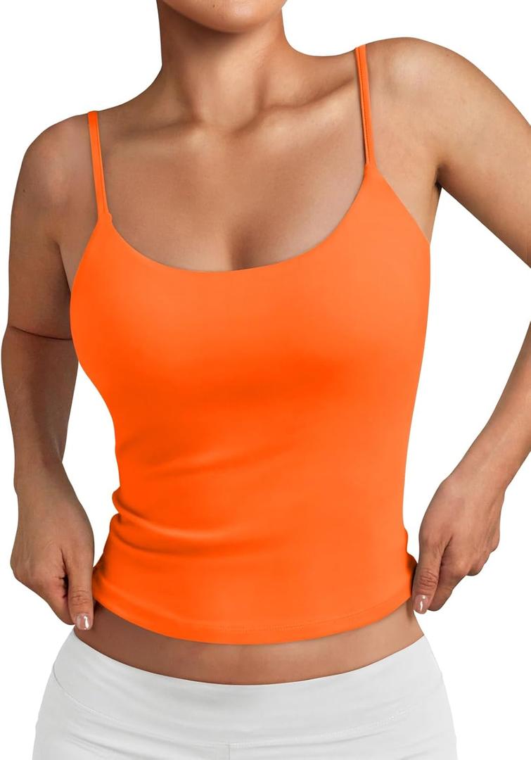 Trendy Queen Double Lined Adjustable Spaghetti Strap Tank Top for Women Cute Summer Basic Crop Top for Teen Workout Going Out (Small, Orange)