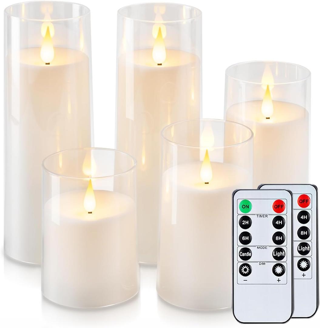 Raycare White Battery Operated Candles Flameless Candles with Timer and Remote 3" x 4" 5" 6" 8" 8", 5 Pcs Acrylic Flickering LED Pillar Candles Romantic Ambiance and Home Decoration