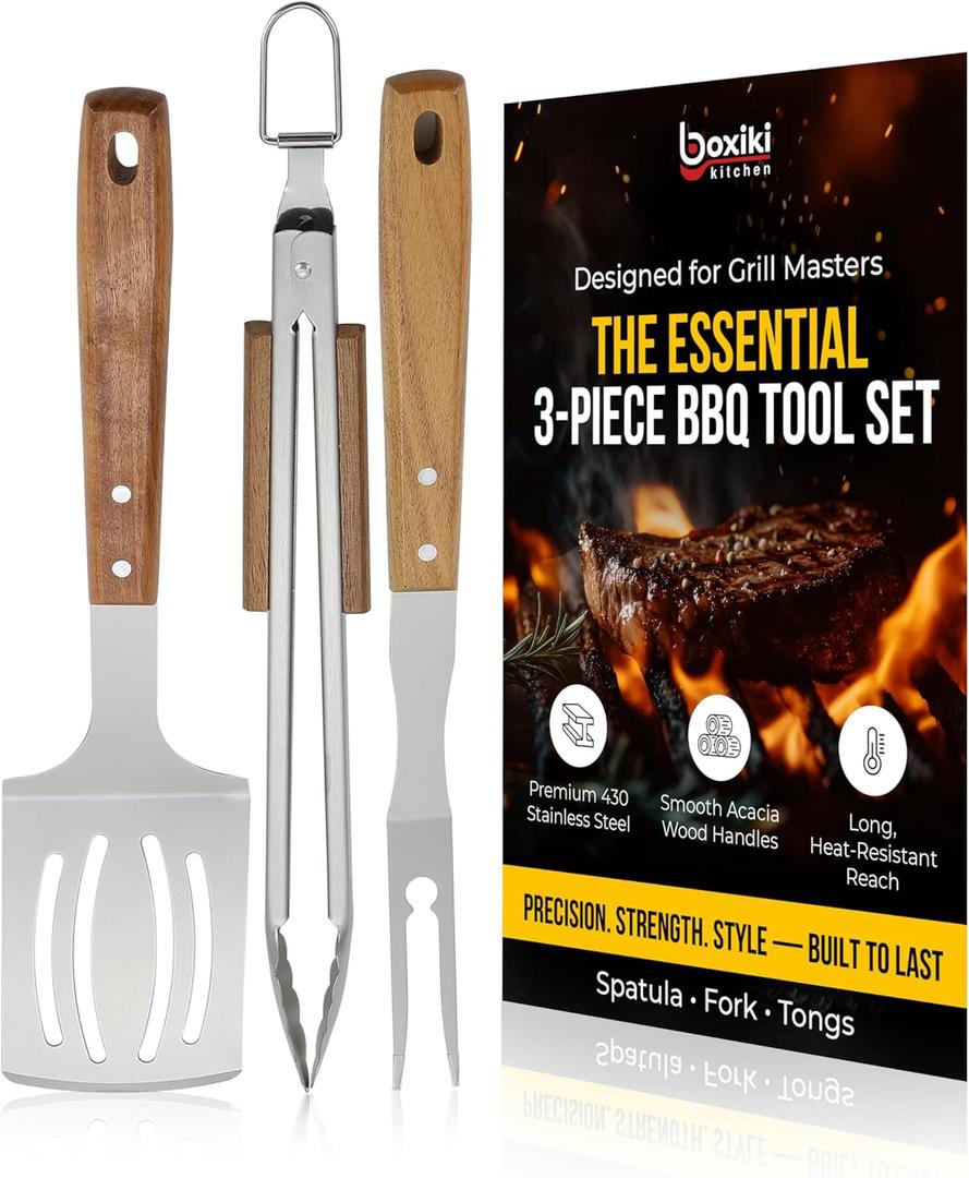 Professional Acacia Wood BBQ Tool Set (3 PCS) - Heavy Duty Stainless Steel Grill Accessories Kit with Spatula, Fork & Tongs - Durable Barbecue Utensils for Outdoor Cooking & Grilling