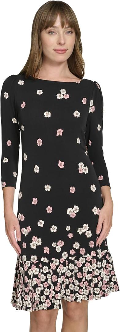 Tommy Hilfiger Women's 3/4 Sleeve High Neck Ruffle Trim Jersey Mini Dress (10, Black/Bridal Rose)