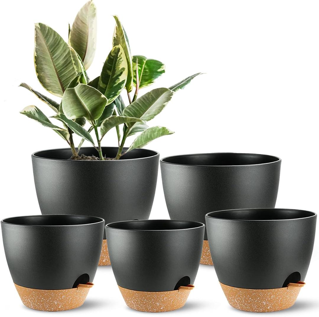 Self Watering Plants Pot with Drainage Hole, Flower Plants Pots for Indoor & Outdoor, Black Plastic Self Watering Planters Succulent Pot 5pcs/Set (7+6.5+6+5.5+5Inch)