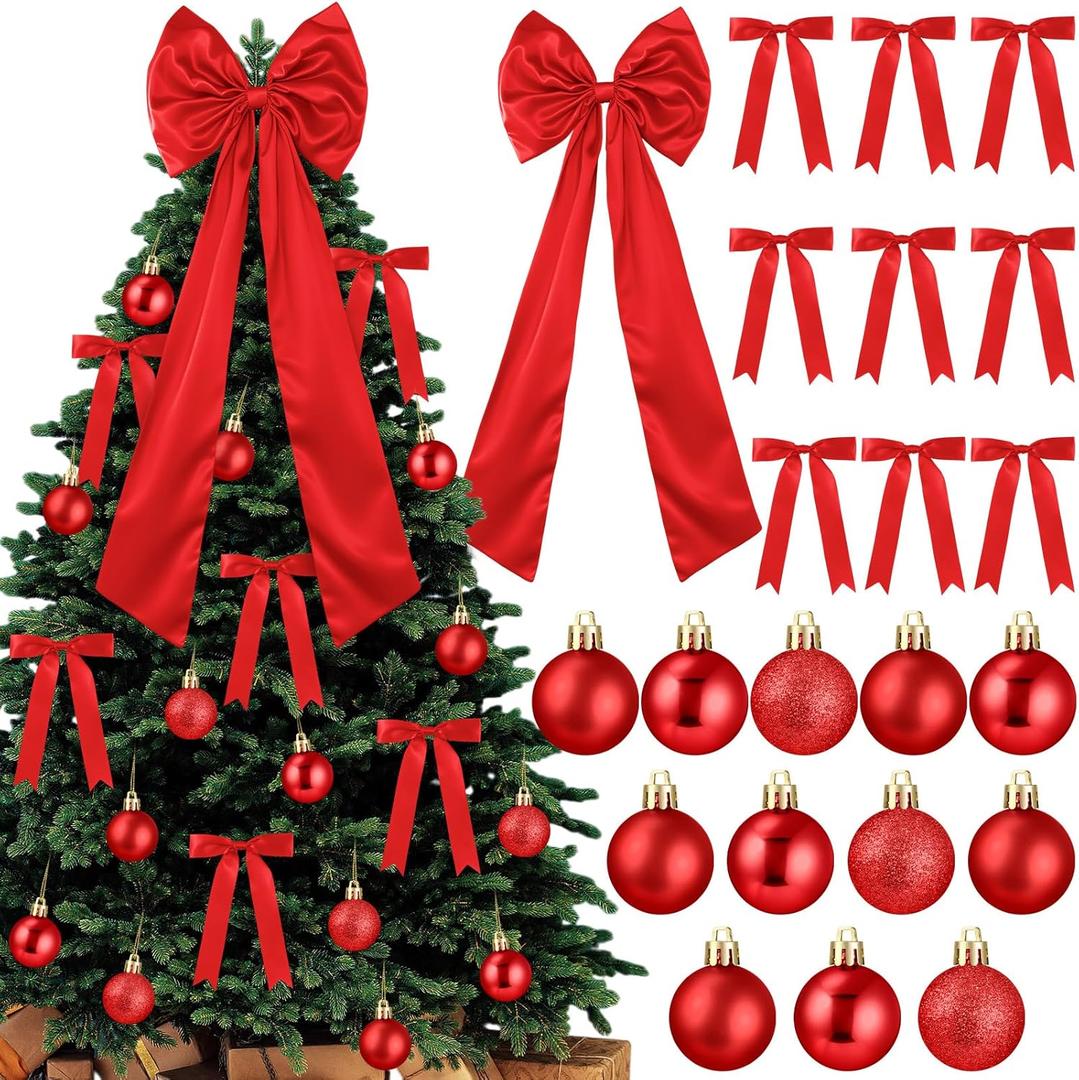Gejoy Bow Christmas Tree Decoration Set, 30 Pcs Small Bows 1 Pcs 47" x 15.7" Large Tree Topper Satin Bows and 36 Christmas Balls Hanging Ornaments, Xmas Glitter Balls for Holiday Decor (Red)