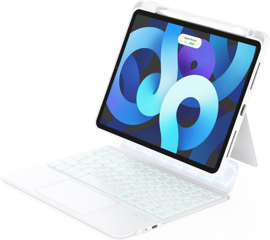 ZENLU iPad Case with Keyboard Detachable for iPad Air 10.9"/11"(4/5/6/7 Gen) & 11" iPad Pro (1/2/3/4 Gen), Rugged Case with Trackpad, Pencil Holder, 7-Color Backlights, Vertical Kickstand (White)