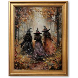Framed Vintage Witch Poster Halloween Wall Art Retro Creepy Witchy Oil Painting Canvas Print Three Witches Forest Victorian Gothic Dark Moody Decor for Bedroom Gallery Rustic Wall 8x12inch