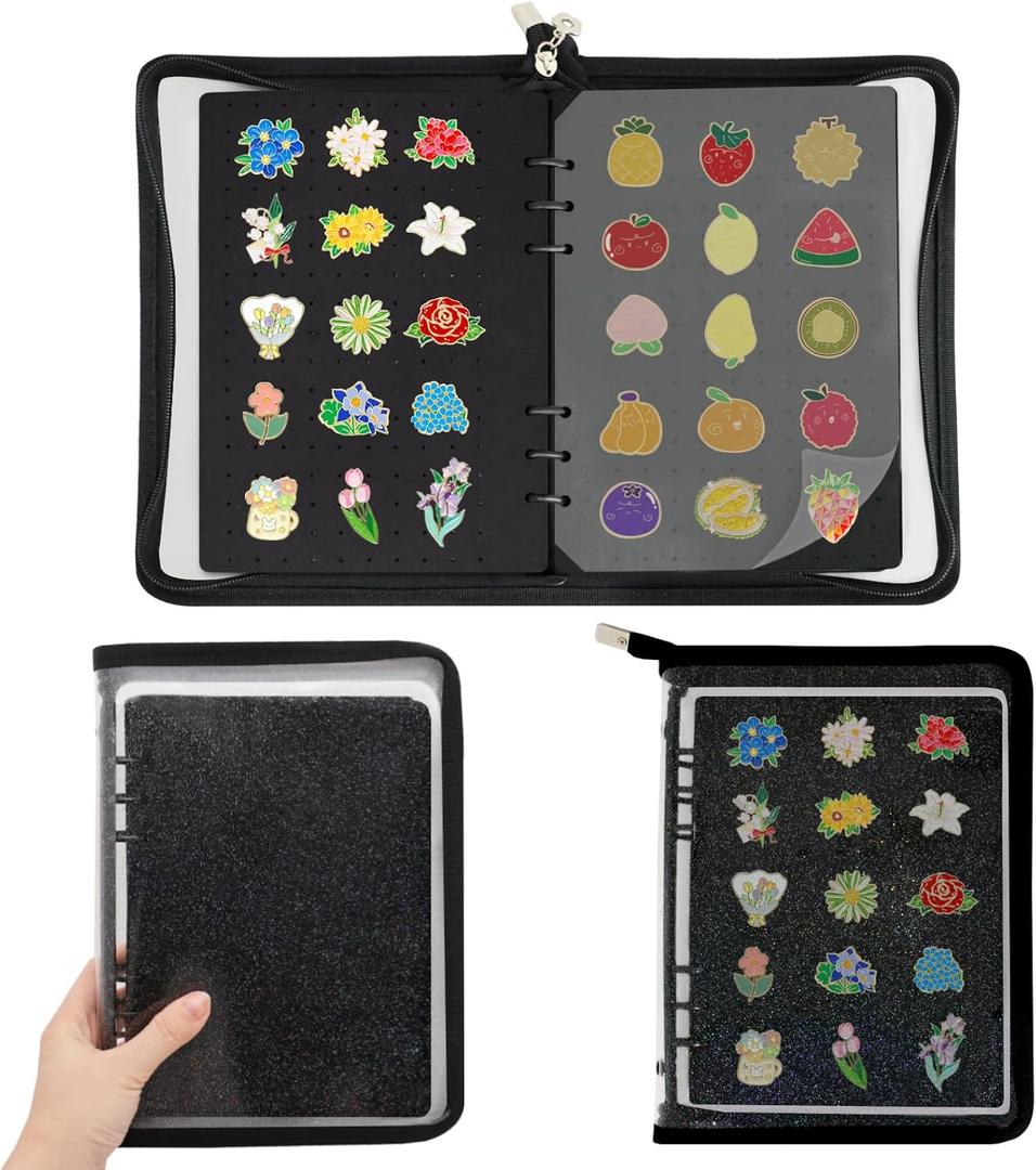 Pin Display Book Enamel Pin Collection Holder Trading Book with 8-Page Display Boards A5 Brooch Pin Storage Organizer Binder Album for Travel Collectors (Glittery Black Shell)