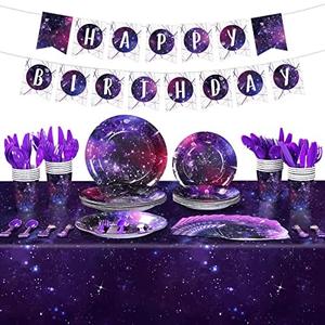 Tiamon 171 Pcs Galaxy Space Party Decoration Tableware Set Space Theme Birthday Decoration Galaxy Tablecloth Paper Plates Napkins, Birthday Banner for 24 Guests Party Supplies (Vivid Style)