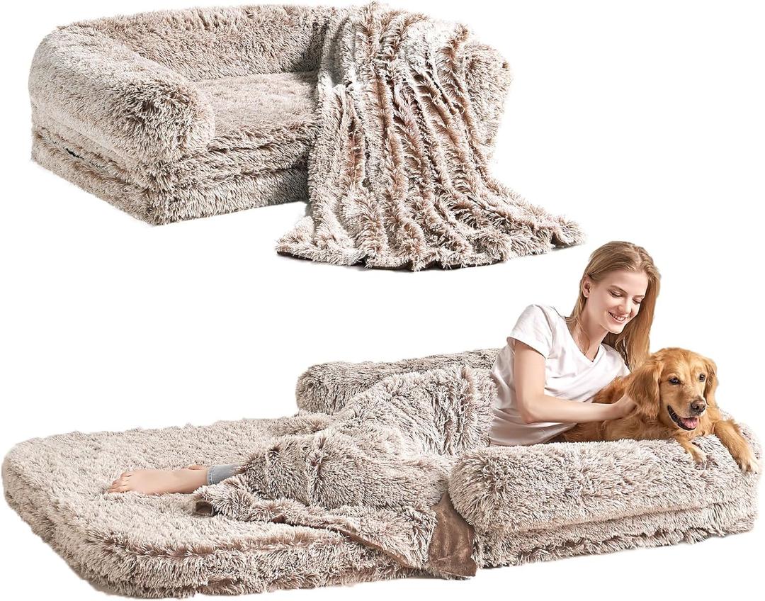 EHEYCIGA Foldable Human Dog Bed, 72"x44"x11" Orthopedic Memory Foam Human Sized Dog Bed, Waterproof Pet Bed for People, Faux Fur Pet Couch for Adult with Non-Slip Bottom, Faded Brown (72x44x11(Folded 44x36))