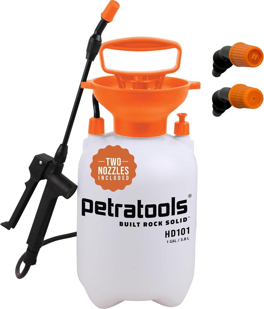 Petratools 1 Gallon Pump Sprayer HD101 Garden Sprayer for Weeds, Lawn Care & Pesticides 52 Long Hose, 2 Nozzles & Easy Carry Handle Durable & Lightweight