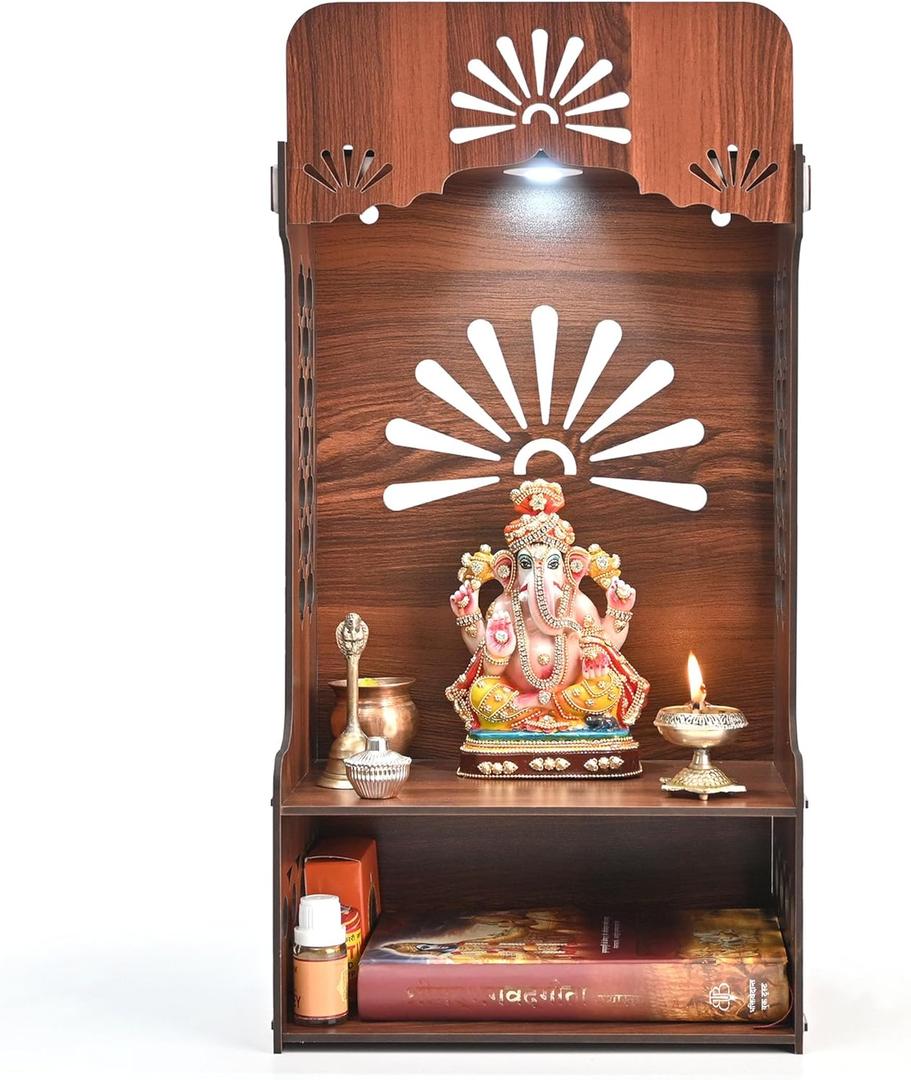 Git Kya De Pooja Mandir for Home, Wooden Temple with Storage Shelf & LED Spotlight, DIY Wall Mounted Puja Mandirs, Home Temple Devghar, Puja Stand for God Idols, Office, Shop - (21 x 11 Inches)