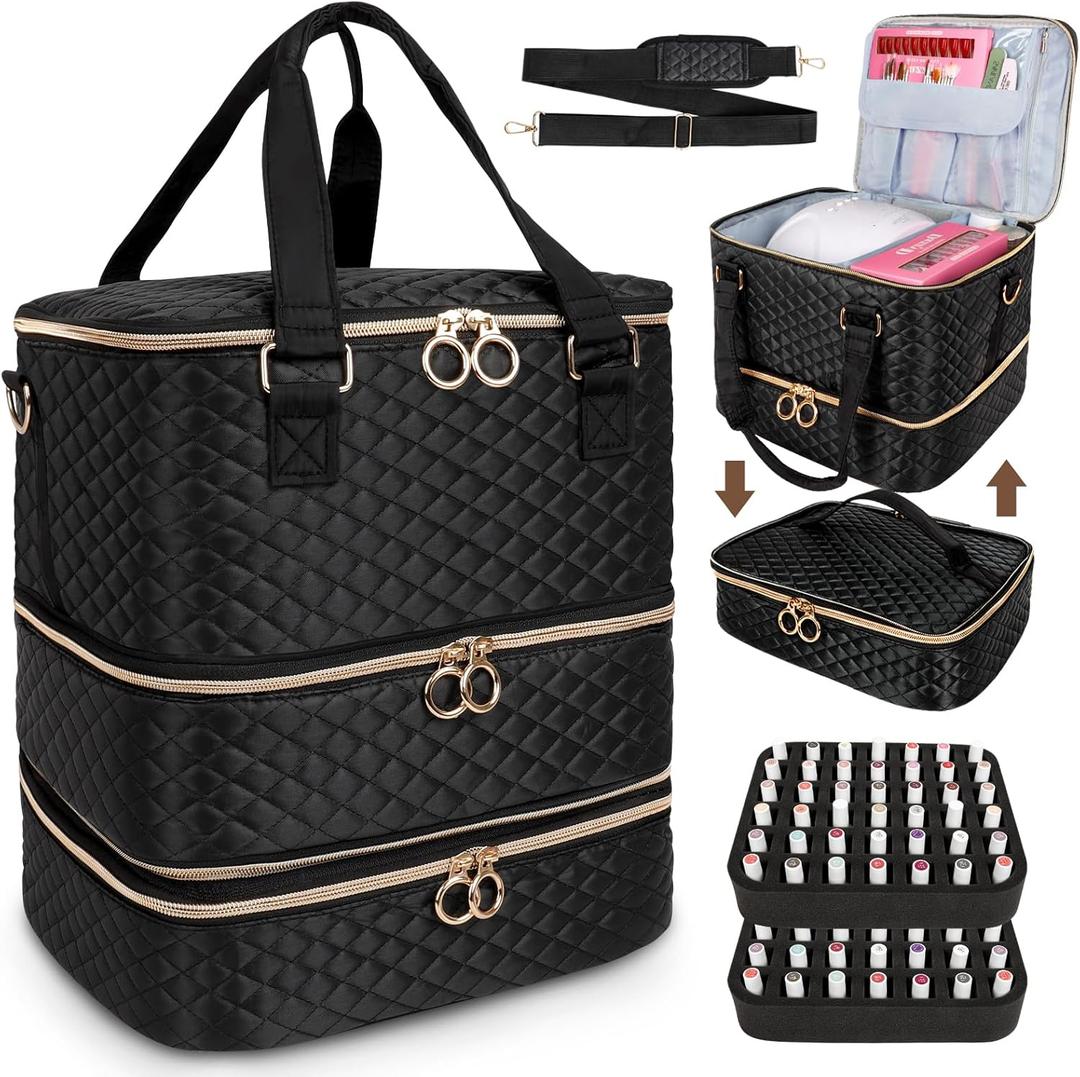 Nail Polish Organizer Bag, 3 Layers Nail Kit Organizers and Storage Case Holds 84 Bottles(15ml/0.5fl.oz)& Nail Lamp, Large Shoulder Bag Travel Carrying Case Box for Nail Supplies
