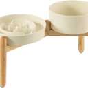 Ceramic Raised Slow Feeder Dog Bowl Set, Elevated 7.3inch Bowl and 8.2inch Puzzle Slow Dish with Wooden Stand for Medium and Large Dog, Anti-Gulping (2X Light Yellow+ Stand)