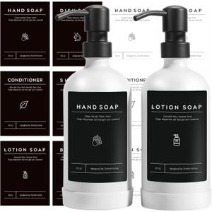 [Upgrade] Soap Dispenser Set, 16 OZ Glass Soap Dispenser with Stainless Steel Pump, 12 Waterproof Labels and Non-Slip Silicone Pad, Great Upgrades to Bathroom and Kitchen (White Bottle + Black Pump)