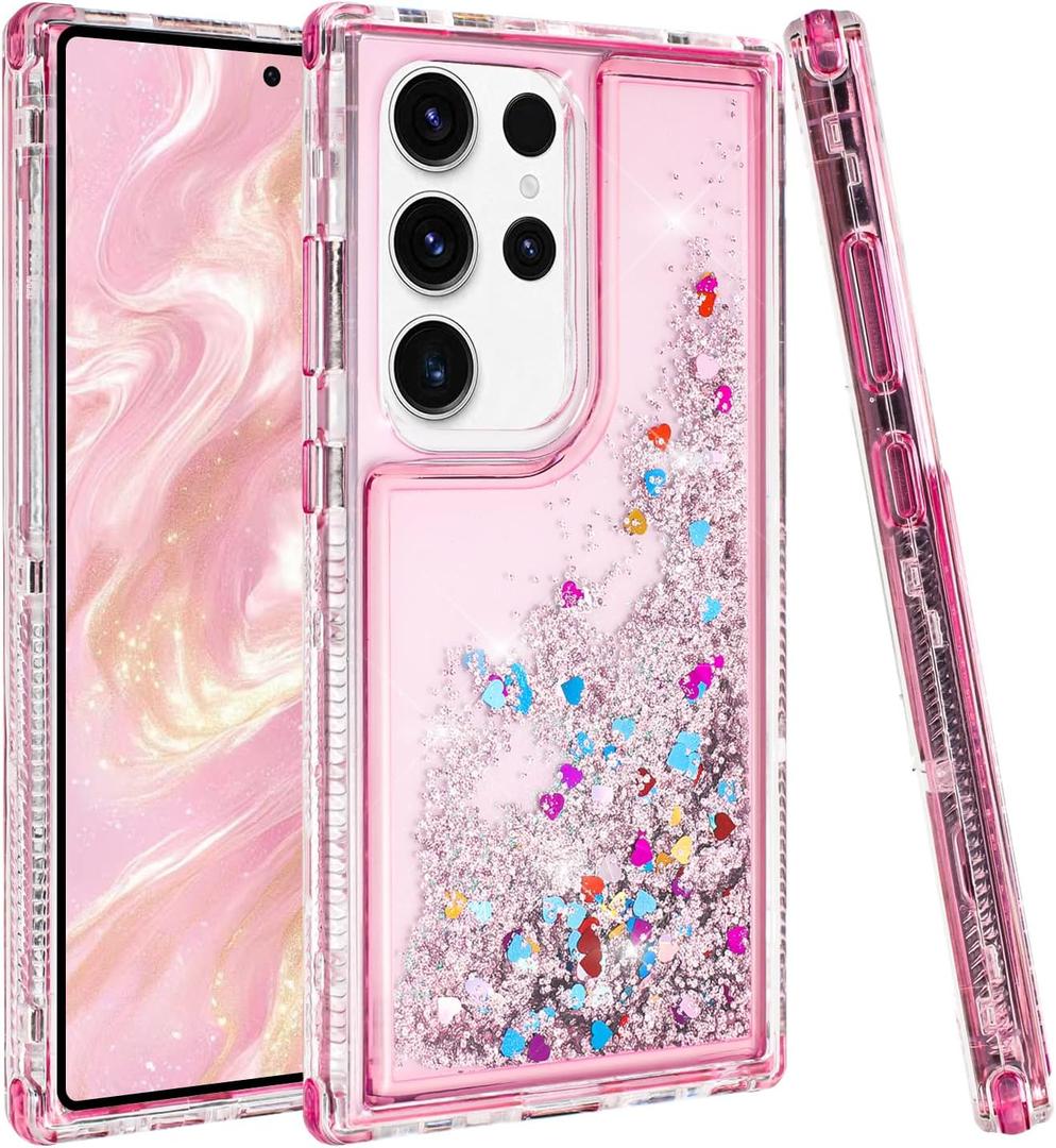 Designed for Samsung Galaxy S25 Ultra Case with Liquid Glitter, 3-in-1 Military-Grade Protection & Sparkling Quicksand, Clear Anti-Yellowing Bling Galaxy S25 Ultra Case for Women 6.9 (Pink)