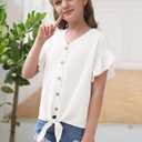 Girls Ruffle Short Sleeve Shirts V Neck Tie Front Knot Tops Button Cute Tunic Shirts Blouse, 160