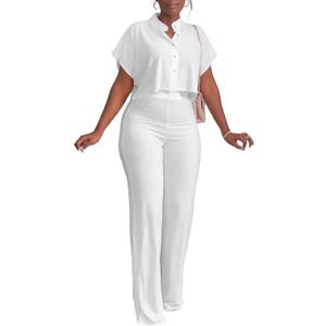 HBQ Women's Summer 2 Piece Outfits Casual Tracksuit Short Sleeve Button Down Crop Top Wide Leg Long Pant Lounge Sets (White, M)