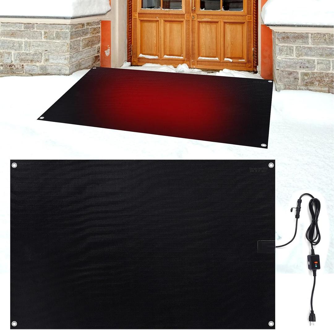 Baquler Heated Snow Melting Mats for Entrances Roof 30 x 47 Inches Heated Outdoor Mats for Winter Black Heated Snow Melt Mats Non Slip Rubber Heating Entrance Mats with Plug Power Cord for Outdoor Use