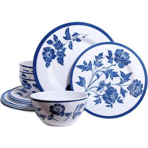 Melamine Dinnerware Set 12-Piece for 4 Dish Set Plates Bowls Unbreakable Dishware for Indoor Outdoor Use Lightweight Durable for Camping Picnics Parties Dark blue