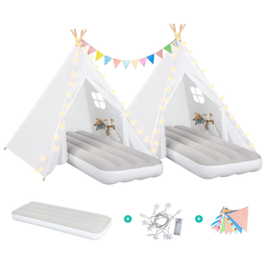 Teepee Tent for Kids Sleepover Party 2 Pack: Inflatable Airbed & Star Lights & Colored Flag - Indoor Outdoor Toddler Play Tent for Girls Boys Birthday Gifts Slumber Party (White)