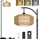 Arc Floor Lamps for Living Room, Dimmable Rattan Floor Lamp with Remote & LED Bulb, Mid Century Modern Standing Lamp with Double Shades, Boho Farmhouse Tall Pole Lamps for Bedroom Office (Black)