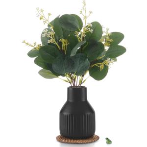 Artificial Eucalyptus Greenery Stems in Ceramic Vase,10Pcs Fake Plants Eucalyptus Leaves faux Plants for Centerpiece Table Decorations Home Room Decor office desk decor Greenery Decor indoor (Black)