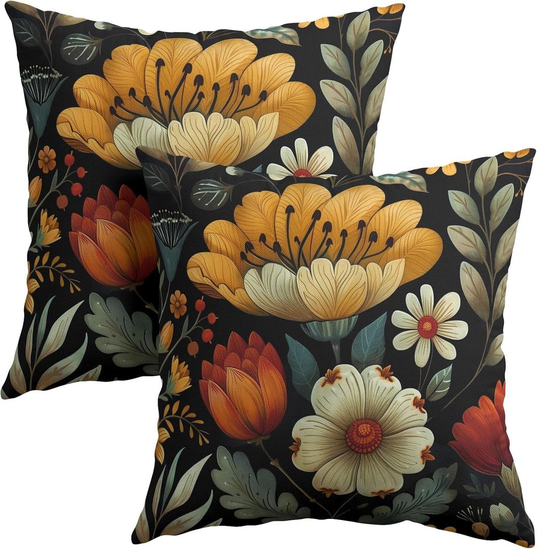 Vintage Boho Floral Pillow Covers 20x20 Inches Yellow Beige Black Throw Pillow Case Set of 2 Spring Flower Pillow Cover Cotton Linen Cushion Cover for Home Couch Sofa Bedroom Livingroom