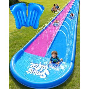 Spring Water 32ft Inflatable Slip and Water Slide for Kids, 2 Racing Lane Giant Slip n Water Slides for Backyard Heavy Duty with 2 Bodyboards, Outdoor Summer Water Toys Funs Sprinkler