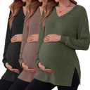 3 Pack Women's Ribbed Maternity Shirts, Long Sleeve V Neck Pregnancy Sweaters with Side Split Pregnant Clothes (Large, Black, Camel, Army Green)