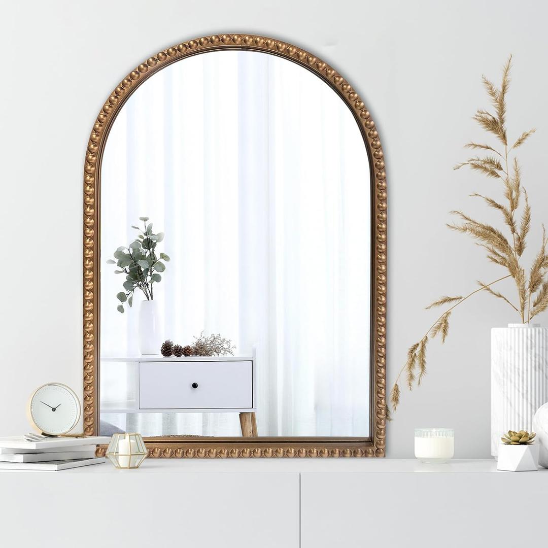 ironsmithn Gold Arched Mirror, 20"x30" Beaded Frame Arch Mirrors, Marlowe Decorative Accent Mirrors for Bathroom Fireplace Bedroom Living Room, Entryway, Antique Gold (30"L x 20"W)