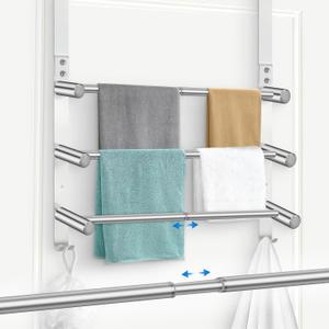 17-29inches Retractable Length Over The Door Towel Rack, 304 Stainless Steel Over The Door Towel Rack, Over Door Towel Holder with 3 Tier Towel Bars, Over Door Towel Storage for Bathroom