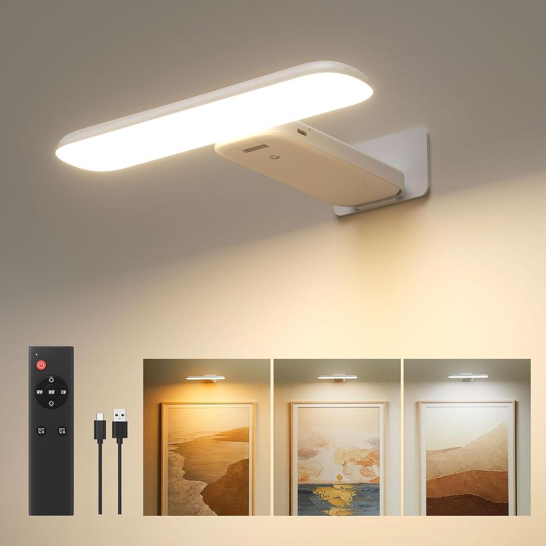 FULEN Picture Lights Battery Operated, Rechargeable Picture Frame Lights for Wall, LED Cordless Wall Lights for Arts,Paintings,Gallery&Dartbord Lighting, Remote Control,White, 1 PACK