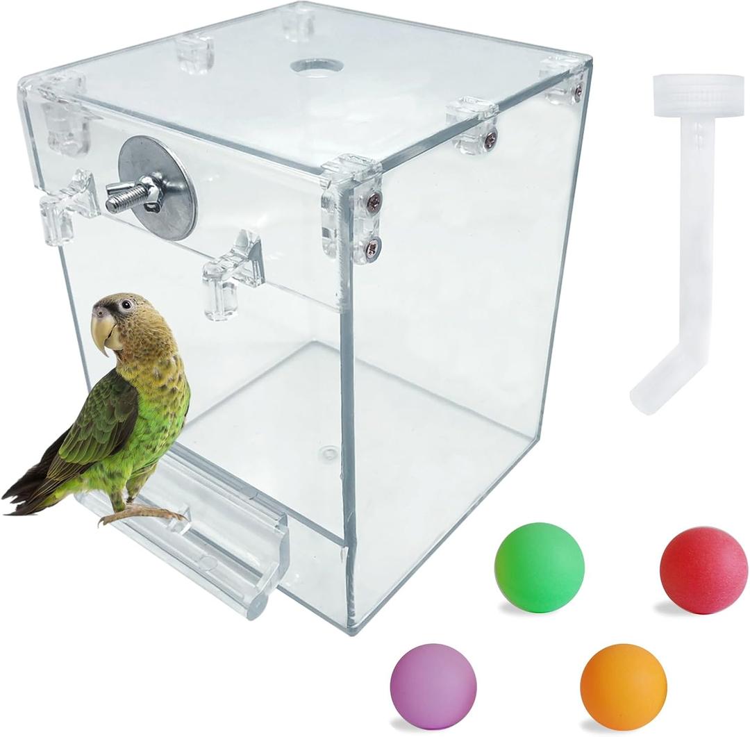 PINVNBY Bird Bath Box,Parrot No-Leakage Bathtub for Cage Hanging Tube Shower Box Cage Accessory with Water Injector and Balls Toys for Small Pet Birds Canary Lovebirds Budgies(6 Pcs)