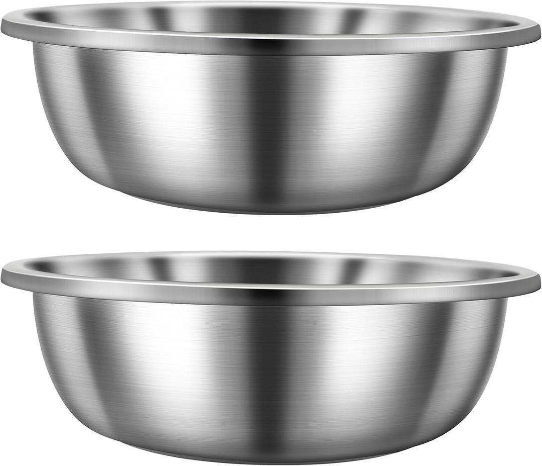 2 Pack Large Mixing Bowl 8 Qt Oversized All Purpose 304 Stainless Steel Polished Mirror Flat Base Metal Bowl for Home or Commercial Prepping Baking Mixing Marinating