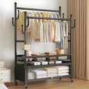 Rolling Clothing Rack, Clothes Rack with Shelves, Double Rods and Side Hooks, Portable Wardrobe Rack, Metal Garment Rack, Sturdy Coat Rack for Bedroom, Laundry, Living Room, Black,67H × 13D × 39.4W in