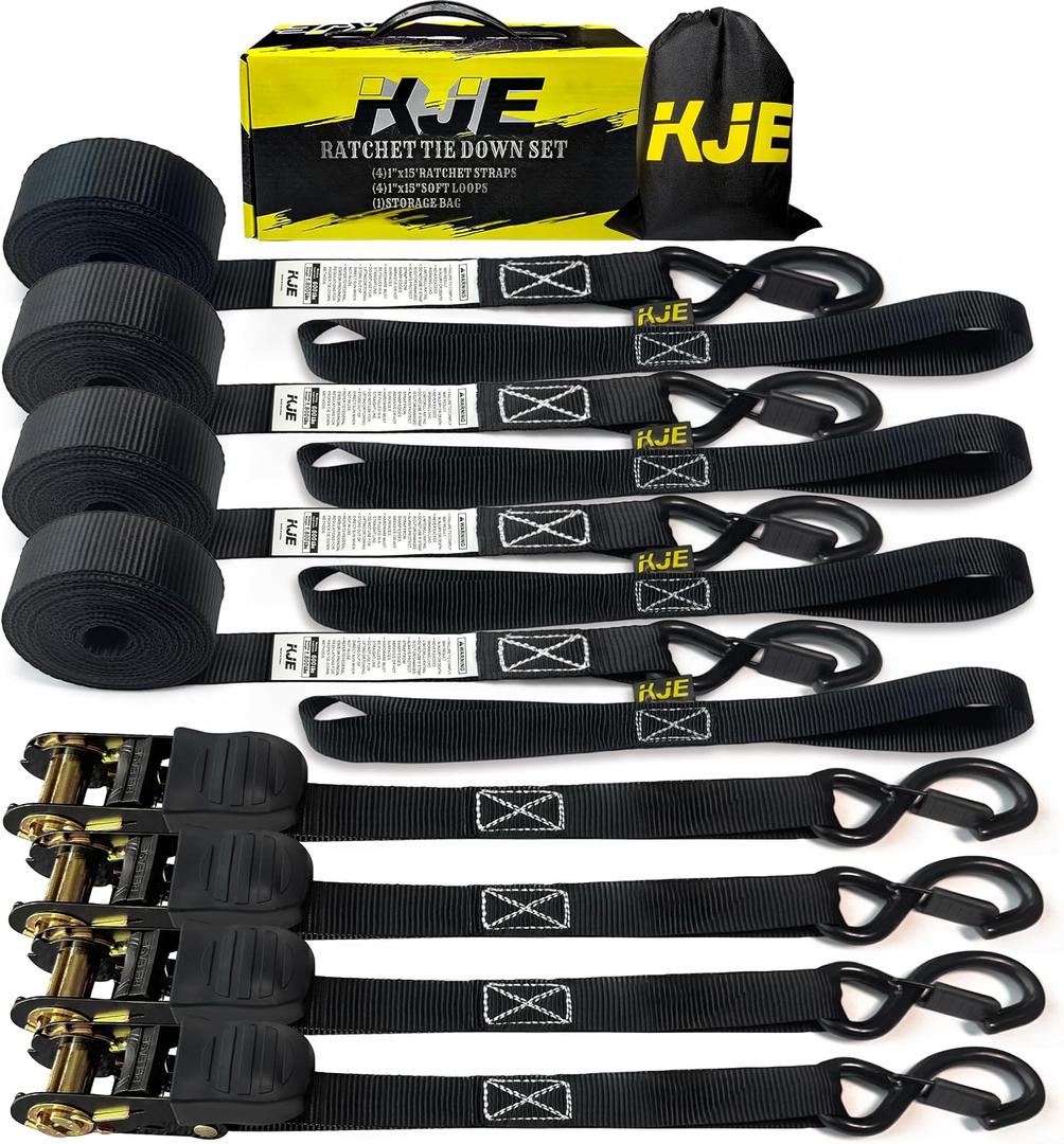 KJE Black Ratchet Straps, (4) 1" x 15' Tie Down Strap Sets + (4) Soft Loops, TPR Handles & Coated S Hook W/Safety Clip, 1800lb Break Strength, Cargo Strap for Motorcycle, ATV