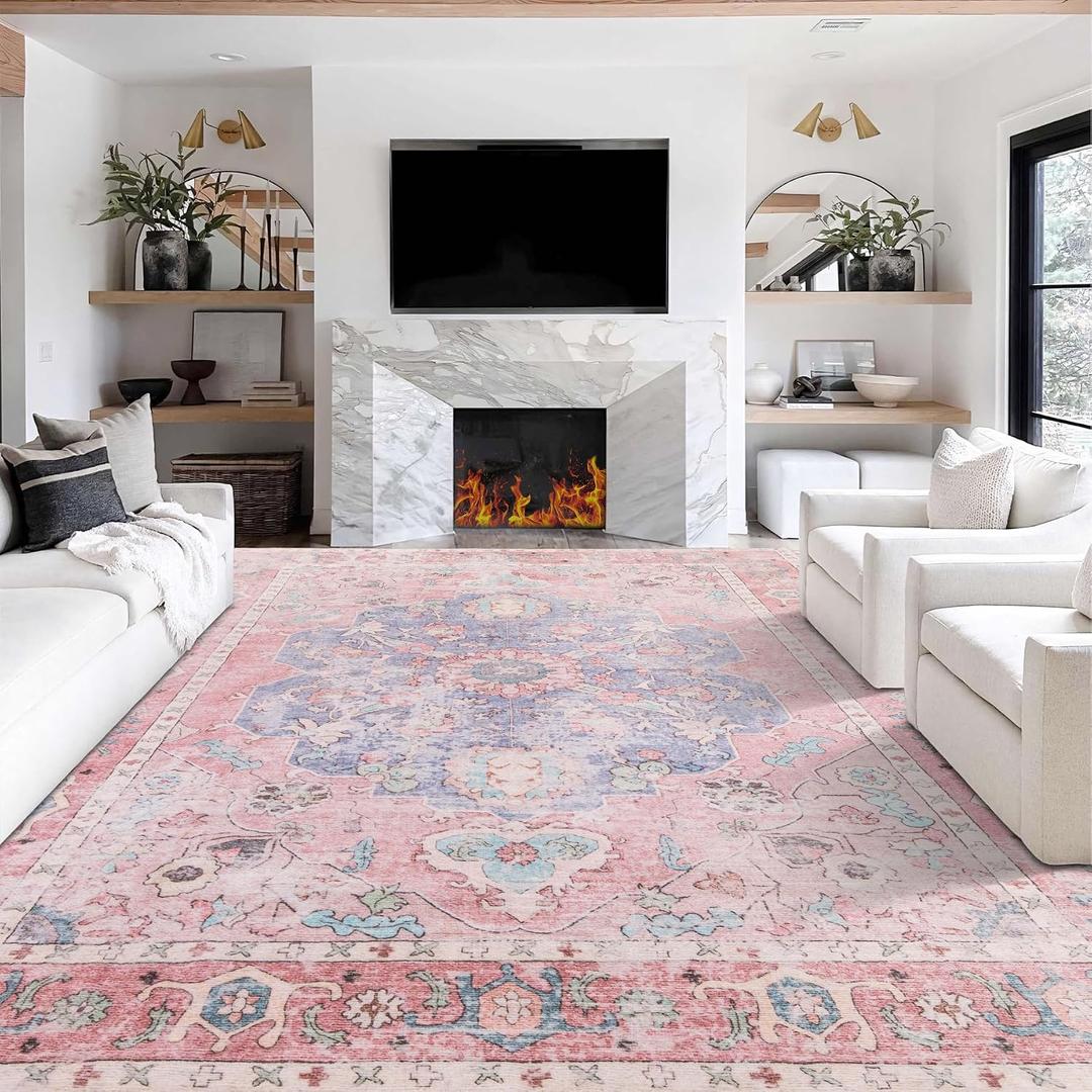 Sofrug 9x12 Area Rug - Medallion Honeycomb Non Slip Backing Area Rugs Ocean Pink Mixed Faux Wool Foldable Foldable & Machine Washable Area Rugs for Living Room Bedroom Dining Room Home Office