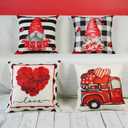 ONWAY Valentines Day Pillow Covers 18x18 Set of 4 Red Rose Heart Truck Love Buffalo Plaid Stripes Decorative Throw Cushion Case for Home Decorations
