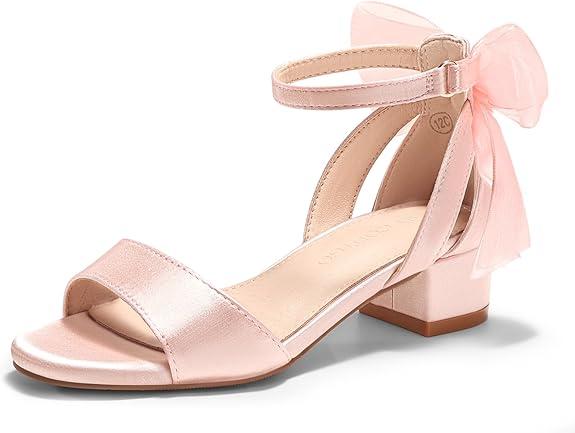 Coutgo Girls Dress Shoes Sandals Chunky Low Heels Bow Ankle Strap Flower Girl Wedding Party Shoes, 3 Little Kid