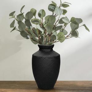 Black Rustic Ceramic Vase - 10 Inch Large Pottery Flower Vases for Home Decor Farmhouse Minimalist Vase for Living Room Centerpiece for Fireplace Entryway Shelf Kitchen Decor