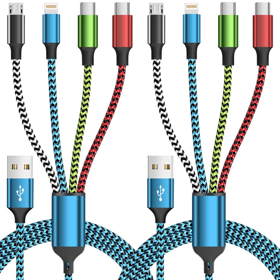 Travel Essentials, Dual Type-C 4 in 1 Charging Cable 2 Pack 5FT Multi Charging Cables for All Devices,iPhone Charger Cord Adapter 2 USB-C/IP/Micro Port for Cell Phones Tablets Samsung Galaxy PS & More (Black&Blue&Green&Red)