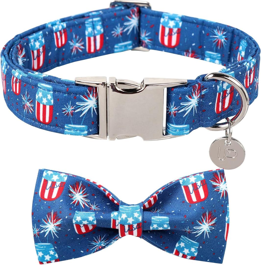 Patriotic Dog Collar with Bow Tie, 4th of July Bowtie Dog Collar, American Flag Collar for Large Boy Girl Dog, Comfortable Summer Bowtie Collar with Metal Buckle, XL