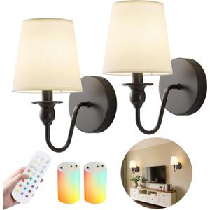 Battery Operated Wall Sconce Set of 2,Rechargeable Wall Sconce with 10000mAh Dimmable Bulb and Remote,LED 15 Colors Black Wireless Battery Powered Wall Lamp with Fabric for Bedroom Living Room